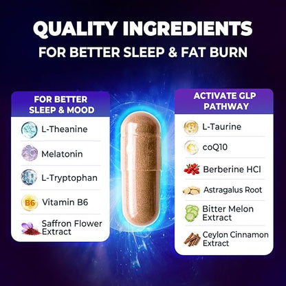 Sleep Burn Night Time Fat Burner,Night Shred Fat Burner and Natural Sleep Support for Men and Women,Metabolism Booster with Vitamin B6,L-Theanine Melatonin Astragalus Ceylon Cinnamon Berberine 60ct