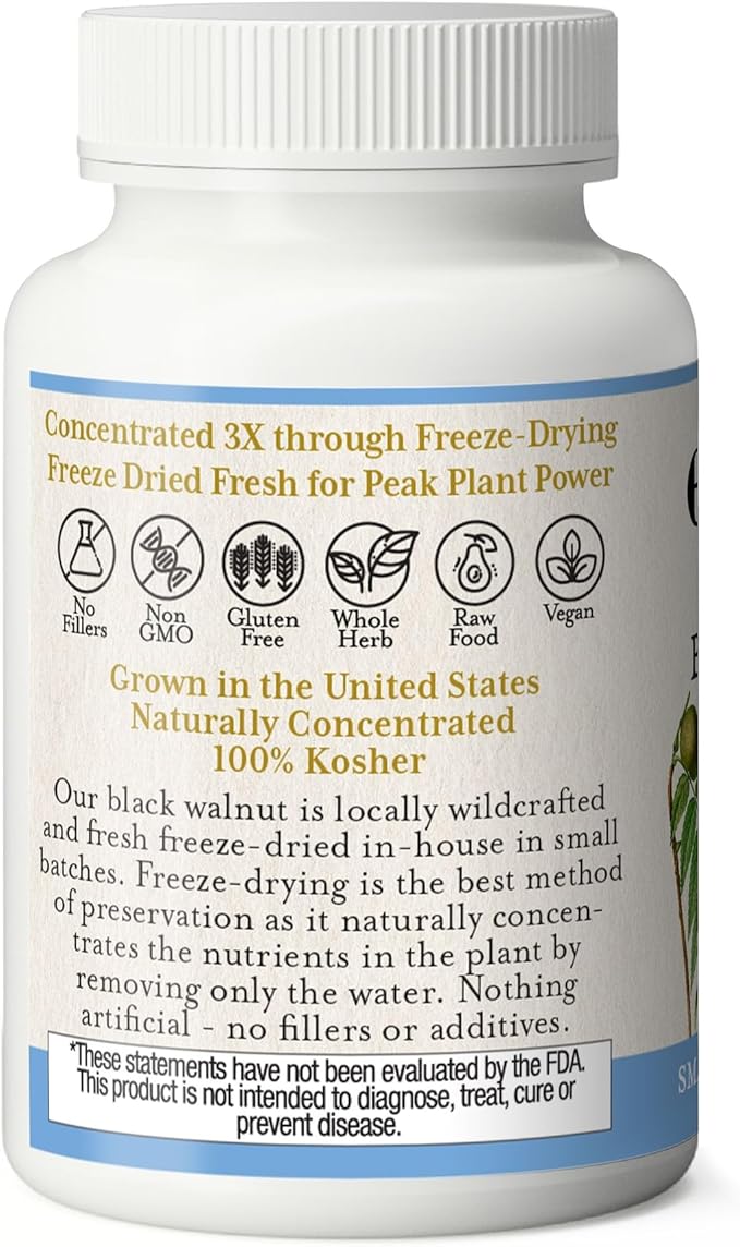 Eclectic Institute Raw Fresh Freeze-Dried Non-GMO Black Walnut | Intestinal Support, Detox & Cleanse | 90 CT (400 mg)