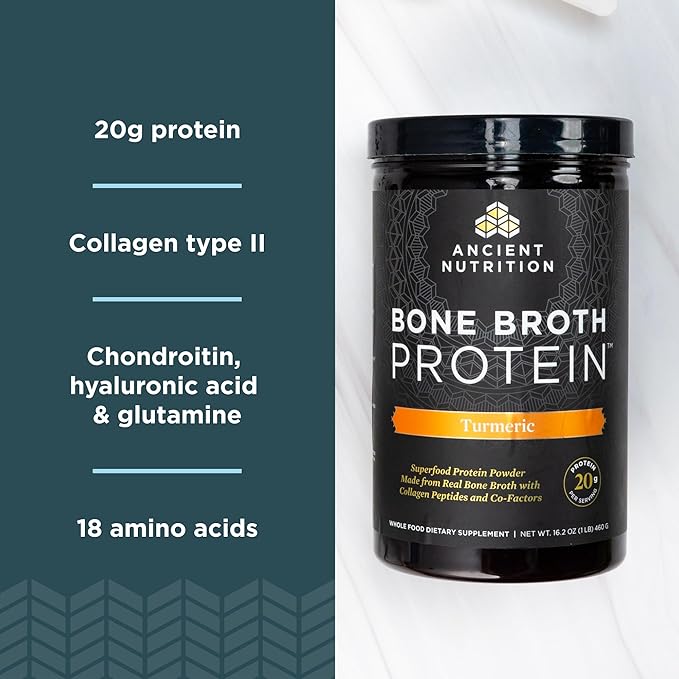 Protein Powder Made from Real Bone Broth by Ancient Nutrition, Turmeric, 20g Protein Per Serving, 20 Serving Tub, Gluten Free Hydrolyzed Collagen Peptides Supplement