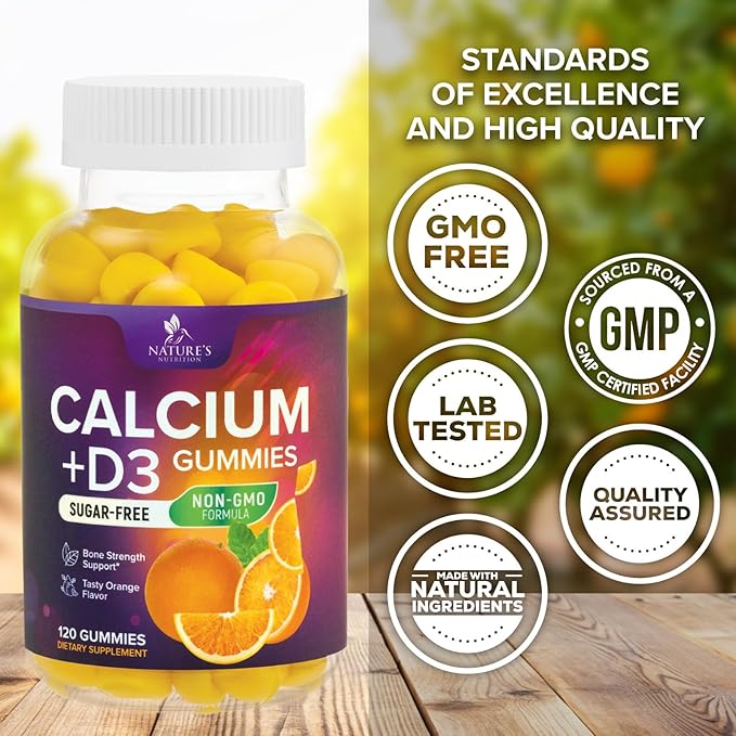 Sugar Free Calcium Gummy Bites Plus 400 IU Vitamin D3, Bone Health & Immune Support - Chewable Calcium Nutrition Supplement, Non-GMO, Orange Flavor Chews - 120 Gummies