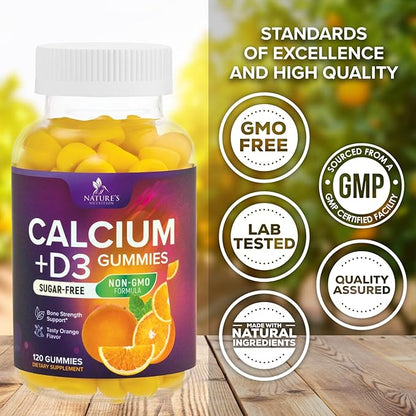 Sugar Free Calcium Gummy Bites Plus 400 IU Vitamin D3, Bone Health & Immune Support - Chewable Calcium Nutrition Supplement, Non-GMO, Orange Flavor Chews - 120 Gummies