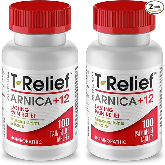 T-Relief Arnica +12 Natural Relieving Actives for Back Pain Joint Soreness Muscle Aches & Stiffness, Whole Body Fast Acting Relief for Women & Men - 100 Tablets (2 Pack)