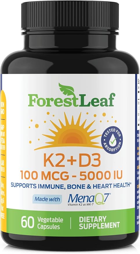 ForestLeaf Vitamin D3 + K2 (MK7) Supplement - MenaQ7 - Calcium and Vitamin D3 5000 IU Max Absorption - Teeth and Bone Strength, Heart Health, Immune System Support - 60 Veggie Capsules