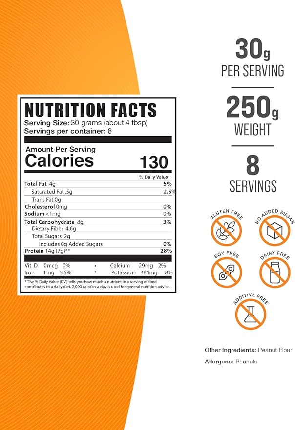 BulkSupplements.com Peanut Flour Protein Powder - Deffated Peanut Flour, Peanut Protein Powder - Peanut Protein Flour, Gluten Free, 30g per Serving, 250g (8.8 oz) (Pack of 1)
