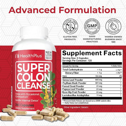 Health Plus Super Colon Cleanse 10 Day Gentle Gut Cleanse Detox, Psyllium Husk, Probiotics for Constipation Relief & Digestive Support, 240 Capsules