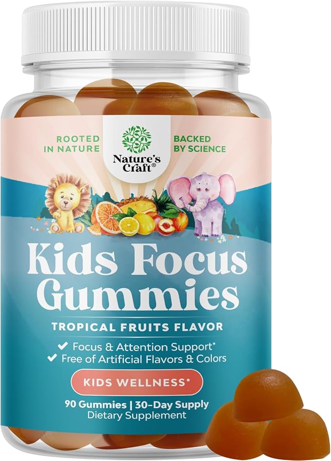 Vegan Brain Focus Gummies for Kids - Kids Focus Supplement with Phosphatidylserine Bacopa Monnieri Green Tea Extract Tyrosine and More Focus Vitamins for Kids Balanced Concentration Energy and Focus