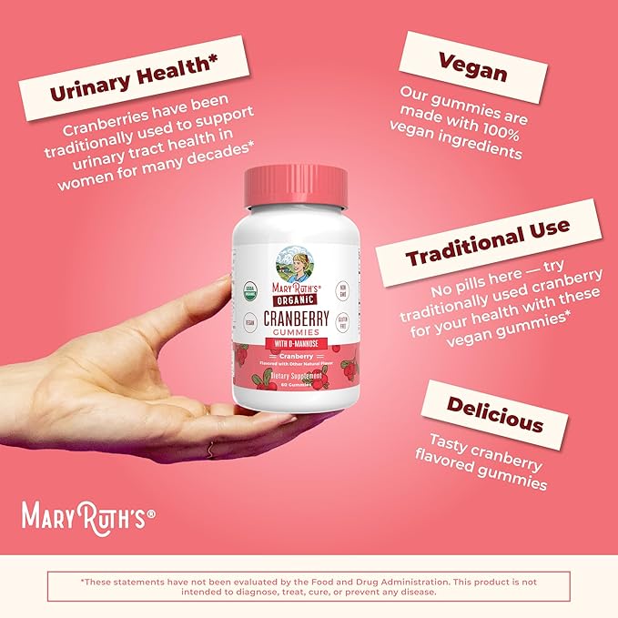 MaryRuth Organics Organic Cranberry Gummies | Cranberry Supplement | Urinary Tract Health for Women | with D Mannose | 500mg Cranberry | Traditional Use | USDA Organic | Vegan | Non GMO | 30 Servings