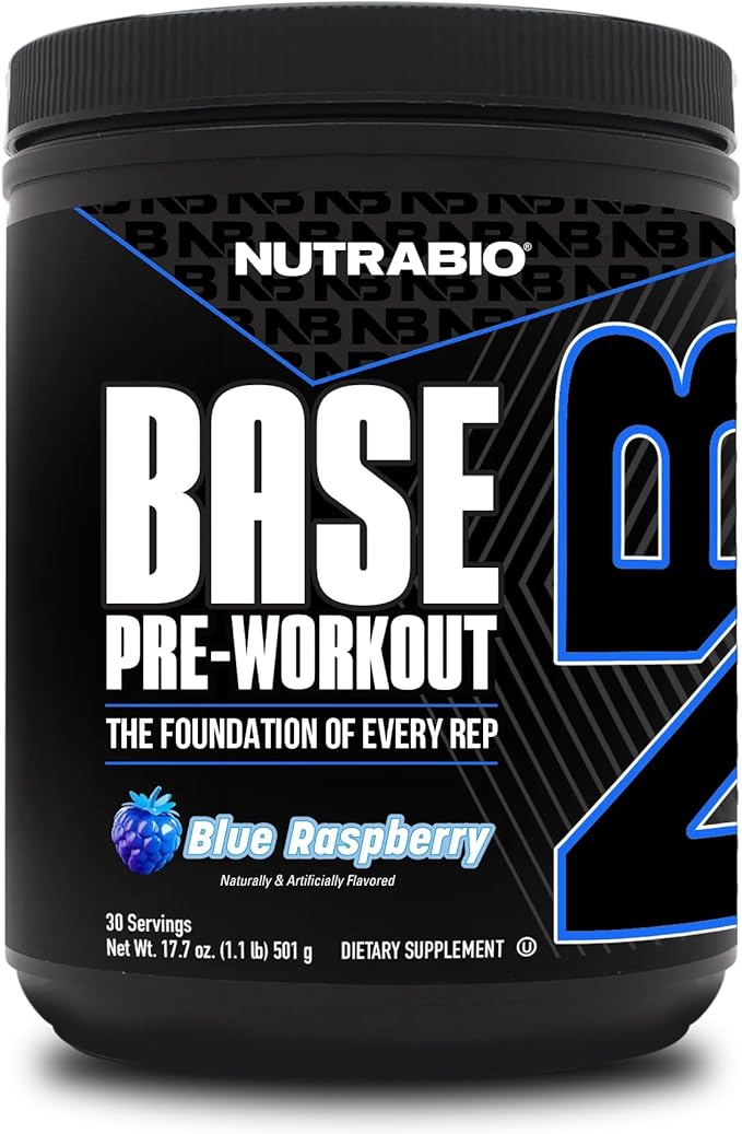 NutraBio Base Pre-Workout Sports Nutrition Powder - Sustained Energy, Mental Focus, Endurance, Hydration - Preworkout for Men and Women - Increase Energy- 30 Servings - Blue Raspberry