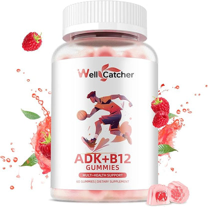 Sugar Free Vitamin ADK+B12 Gummies with Vitamin D3 K2 B12 K2 (MK-7) Chewable Vegan Multivitamin Supplement for Men Women Bone Brain Immune Skin Eye Heart 60 Counts Raspberry Flavored 1 Pack