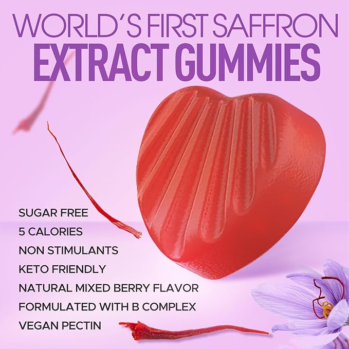 Sugar Free Saffron Gummies - Saffron Supplement Gummies 100% Pure Saffron Extract Whole Herb Gummies with Honey for Mood & Power, Vitamin B6, B12, D3, C - Organic, Vegan, Mixed Berry Flavor - 120Cts