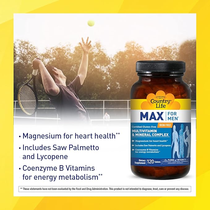 Country Life Max for Men Multivitamin: Iron-Free, Gluten Free,No Artificial Colors; B Vitamins, Magnesium, Saw Palmetto, Lycopene, Daily Support for Energy, Heart & Men's Health,120 Vegetarian Tablets