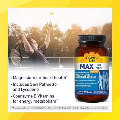 Country Life Max for Men Multivitamin: Iron-Free, Gluten Free,No Artificial Colors; B Vitamins, Magnesium, Saw Palmetto, Lycopene, Daily Support for Energy, Heart & Men's Health,120 Vegetarian Tablets