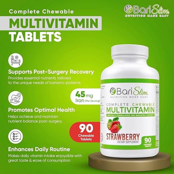 BariSlim Chewable Bariatric Multivitamin - 45mg Iron - Tailored for Post Bariatric Surgery, Including Gastric Bypass & Gastric Sleeve - Support Your Recovery Journey | Strawberry Flavor