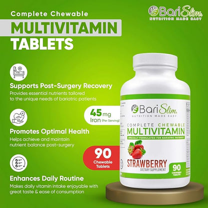 BariSlim Chewable Bariatric Multivitamin - 45mg Iron - Tailored for Post Bariatric Surgery, Including Gastric Bypass & Gastric Sleeve - Support Your Recovery Journey | Strawberry Flavor