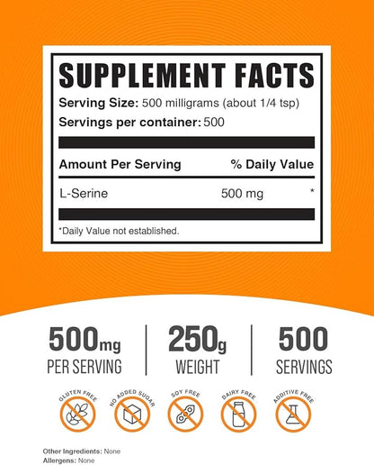 BulkSupplements.com L-Serine Powder - Serine Supplement, L-Serine 500mg - Amino Acid Supplement for Immune Support - Gluten Free, 500mg per Serving, 250g (8.8 oz) (Pack of 1)
