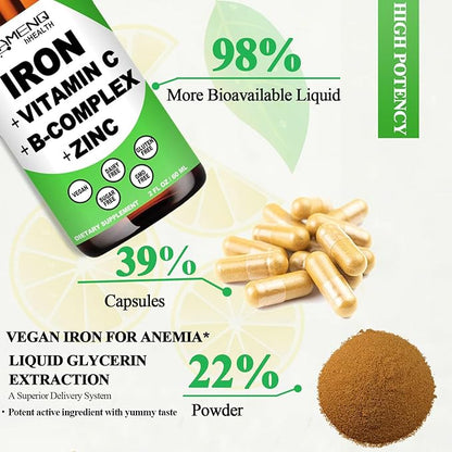 Iron Supplement for Women, Men & Kids, Liquid High Potency Iron w. Vitamin C, B12, B-Complex, Blood Builder Iron Supplement for Anemia, Fatigue, Red Blood Cell Support, Vegan Iron Drops, Gentle