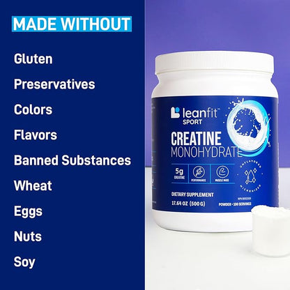 LeanFit Sport CREATINE MONOHYDRATE Powder, Unflavored - Informed Choice Certified, Micronized & Pharmaceutical Grade Creatine, Gluten-Free, Vegan – 5g Creatine Per Serving, 100 Servings, 17.64oz Tub