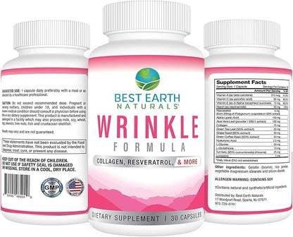 Best Earth Naturals Wrinkle Formula with Hyaluronic Acid, Niacinamide, Multi Vitamin, Collagen for Women or Men - Skin Vitamins Supplement -30 Day Supply (30 Capsules)