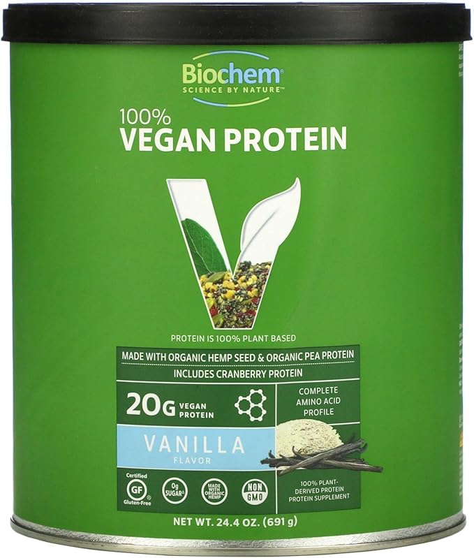 Biochem Country Life Vegan Protein Powder, 20g Pure Plant-Based Protein per Serving, Organic Pea, Hemp & Cranberry, Soy-Free, Gluten-Free, Vanilla, 1.5 lb