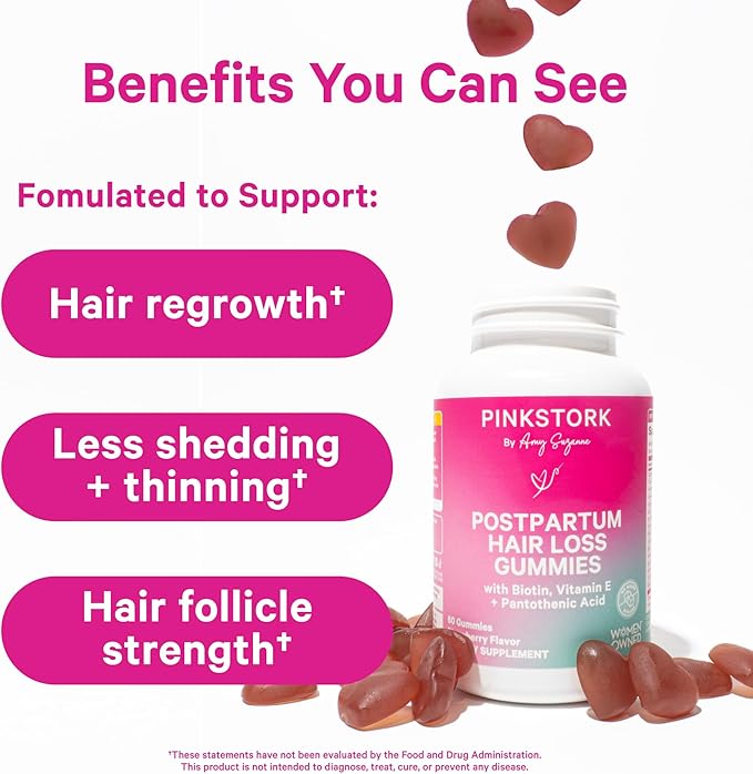 Pink Stork Postpartum Hair Loss Gummies - Biotin with Vitamin E, Pantothenic Acid, B6 & B12 for Beautiful & Strong Hair, Skin, and Nails - Postpartum Essentials for New Moms - 60 Gummy Vitamins