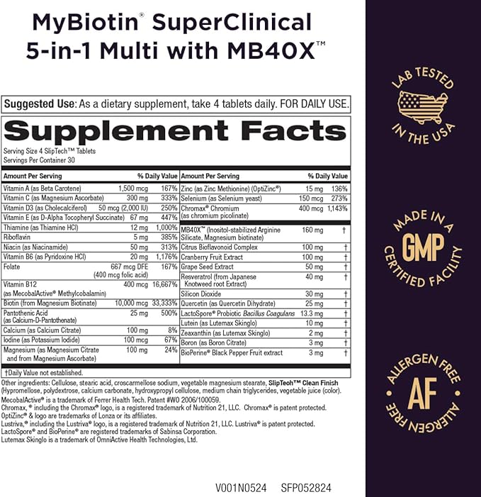 Purity Products MyBiotin SuperClinical New 5-in-1 Elite Multivitamin + MB40X Biotin Matrix Daily Multi - Thicker Hair Starting in 3 Weeks - 40X More Soluble vs Ordinary Hair Skin Nails - 120 Tabs