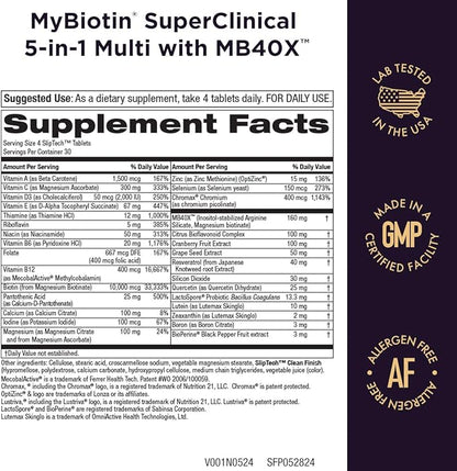 Purity Products MyBiotin SuperClinical New 5-in-1 Elite Multivitamin + MB40X Biotin Matrix Daily Multi - Thicker Hair Starting in 3 Weeks - 40X More Soluble vs Ordinary Hair Skin Nails - 120 Tabs