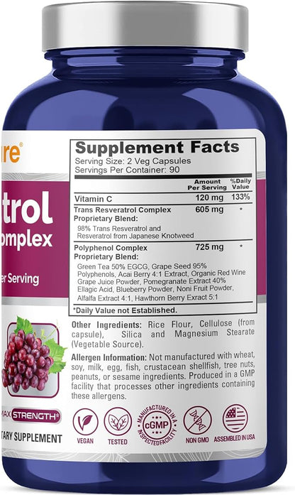 NusaPure Resveratrol & Polyphenol Complex 1450mg 180 Vegetarian Caps (Non-GMO, Vegan) Vitamin C