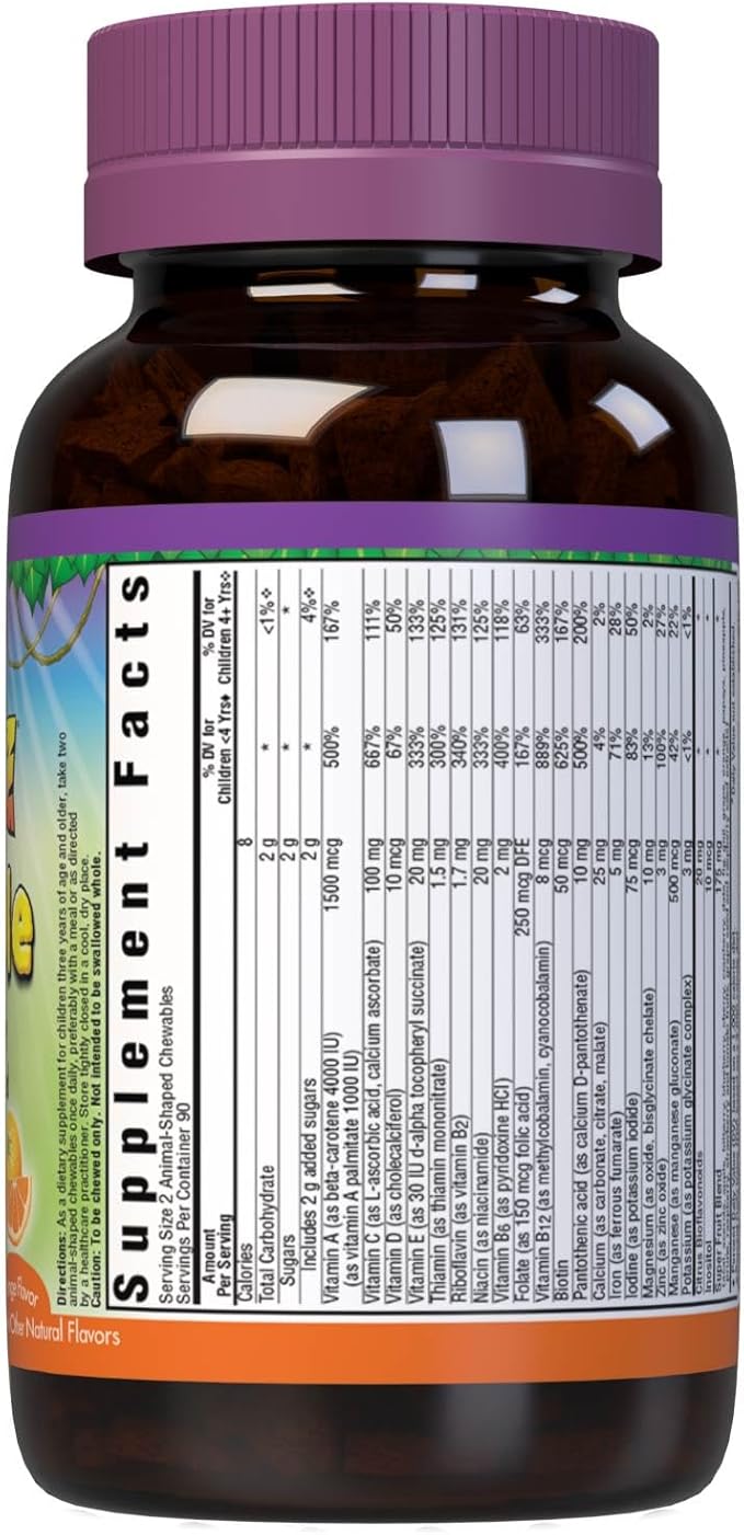 Bluebonnet Nutrition Rainforest Animalz Whole Food Based Multiple Chewable Tablet, Kids Multivitamin & Mineral, Vitamin C, D3, Iron, Gluten Free, Milk Free, Kosher, 180 Chewable Tablets, Orange Flavor