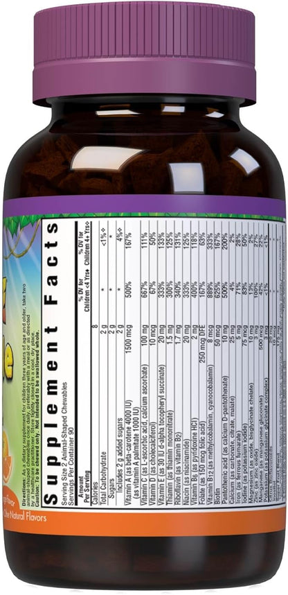 Bluebonnet Nutrition Rainforest Animalz Whole Food Based Multiple Chewable Tablet, Kids Multivitamin & Mineral, Vitamin C, D3, Iron, Gluten Free, Milk Free, Kosher, 180 Chewable Tablets, Orange Flavor