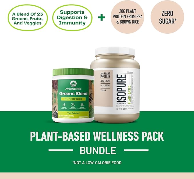 Bundle of Amazing Grass Greens Superfood Powder: Original, 30 Servings + Isopure Unflavored Vegan Protein Powder, Plant Based, Organic Pea Protein, Dairy Free, 20 Servings (Packaging May Vary)