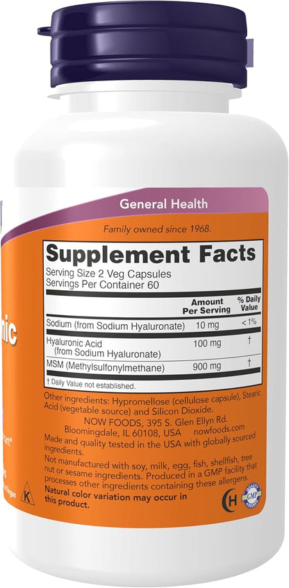 NOW Foods Supplements, Hyaluronic Acid 50 mg with MSM, Joint Support*, 120 Veg Capsules