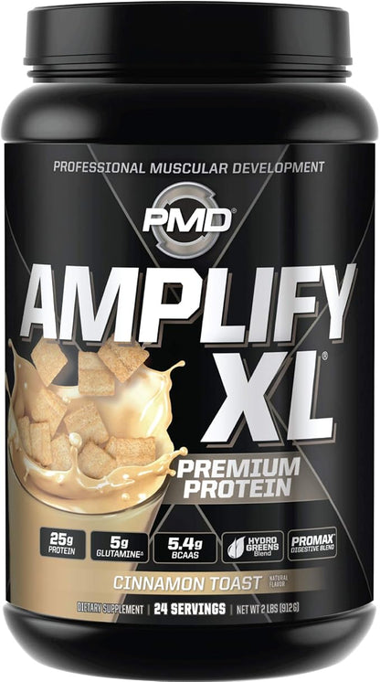 PMD Sports Amplify XL Premium Whey Protein Supplement Hydro Greens Blend - Glutamine and Whey Protein Matrix with Superfood for Muscle, Strength and Recovery - Cinnamon Toast (24 Servings)
