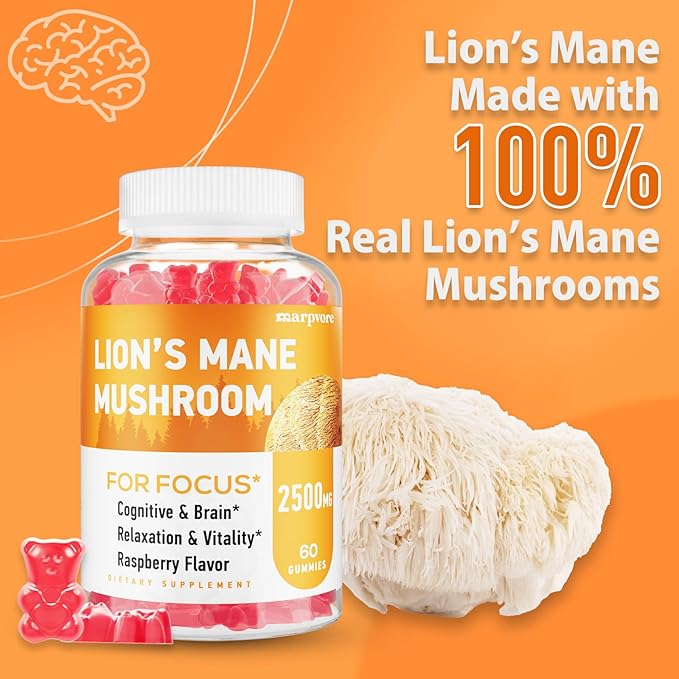 Lions Mane Gummies, Organic Lion's Mane Extract to 2500mg, Brain Supplements for Memory and Focus, Immune & Relaxation, Lions Mane Gummies for Adults, with Ashwagandha & Alpha GPC, 60 Mushroom Gummies