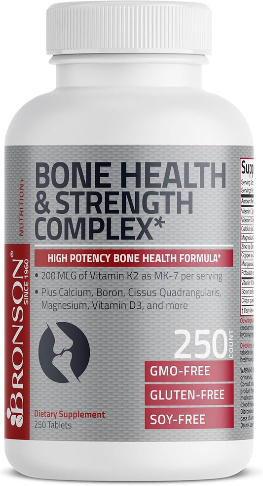 Bronson Bone Health & Strength Complex* High Potency Formula 200 MCG of Vitamin K2 as MK7, Plus Calcium, Boron, Cissus Quadrangularis, Magnesium, Vitamin D3, and More - Non-GMO, 250 Tablets
