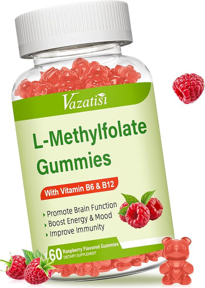 L-Methylfolate 15 mg Gummies with Methyl B12, Folate Supplement for Mood, Brain Health, Immune Support, Raspberry Flavor, 60 Count