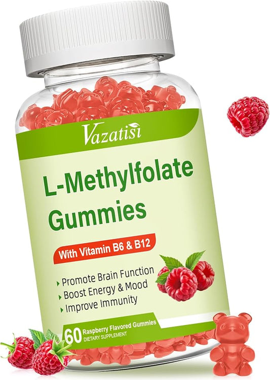 L-Methylfolate 15 mg Gummies with Methyl B12, Folate Supplement for Mood, Brain Health, Immune Support, Raspberry Flavor, 60 Count