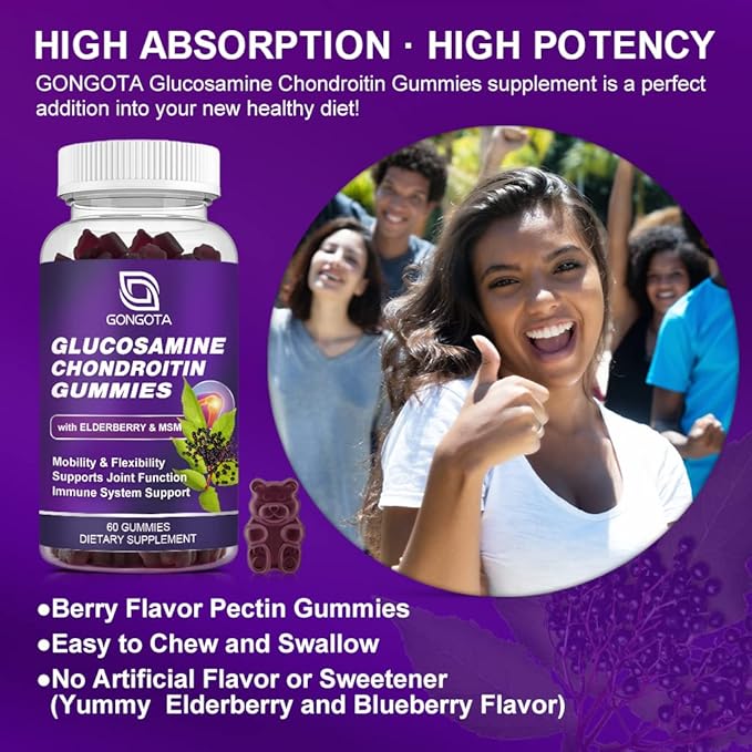 Glucosamine Chondroitin Gummies, Extra Strength 1500mg Glucosamine with MSM & Elderberry, Joint Support Supplement, Best Cartilage & Immune Support Supplement for Men and Women - 60count (1 Pack)