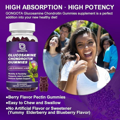 Glucosamine Chondroitin Gummies - 2- Pack, Extra Strength 1500mg Glucosamine with MSM & Elderberry, Joint Support Supplement, Best Cartilage & Immune Support Supplement for Men and Women - 120 count