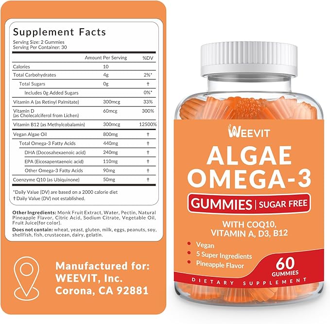 Sugar Free Omega 3 Gummies, Algae Omega 3 Supplement for Adults,Omega 3 DHA 240mg, EPA 110mg w/Vitamin B12,CoQ10