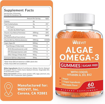 Sugar Free Omega 3 Gummies, Algae Omega 3 Supplement for Adults,Omega 3 DHA 240mg, EPA 110mg w/Vitamin B12,CoQ10