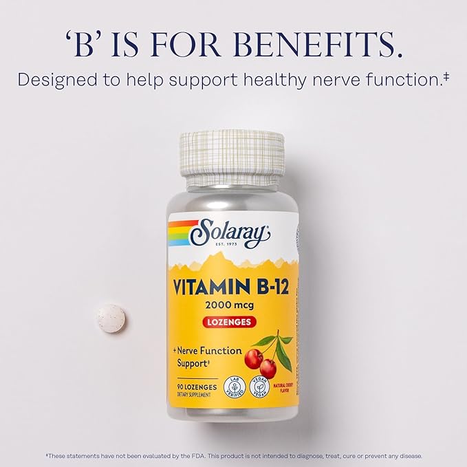 Solaray Vitamin B-12 2000 mcg No Sugar, Natural Cherry Flavor Healthy Energy & Red Blood Cell Support 90 Lozenges