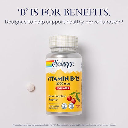Solaray Vitamin B-12 2000 mcg No Sugar, Natural Cherry Flavor Healthy Energy & Red Blood Cell Support 90 Lozenges