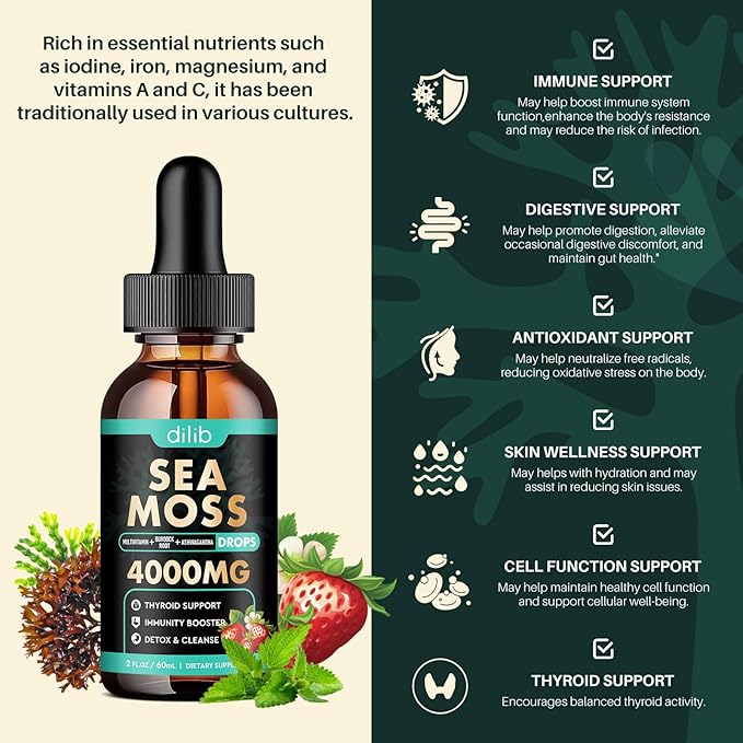 Irish Sea Moss Liquid Drops: Organic Sea Moss Supplement with Elderberry, Black Seed Oil, Turmeric, Quercetin - Detox Cleanse & Thyroid, Immune, Joint, Skin Support for Women & Men - Strawberry Flavor