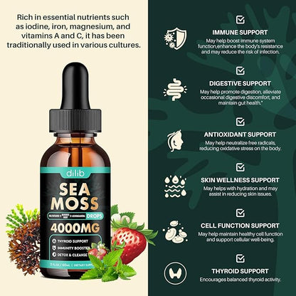Irish Sea Moss Liquid Drops: Organic Sea Moss Supplement with Elderberry, Black Seed Oil, Turmeric, Quercetin - Detox Cleanse & Thyroid, Immune, Joint, Skin Support for Women & Men - Strawberry Flavor