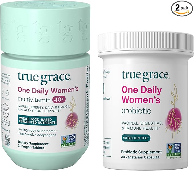 True Grace One Daily Women’s Multivitamin 40+ (30 Vegan Tablets) & One Daily Women’s Probiotic (30 Vegetarian Capsules) - Gluten Free, Soy Free, Organic - 30-Day Supply of Each