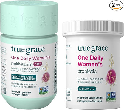 True Grace One Daily Women’s Multivitamin 40+ (30 Vegan Tablets) & One Daily Women’s Probiotic (30 Vegetarian Capsules) - Gluten Free, Soy Free, Organic - 30-Day Supply of Each