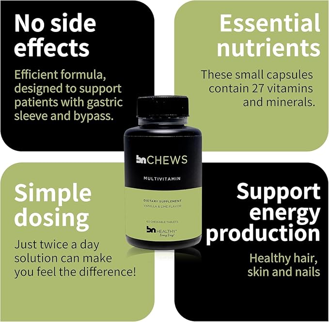 BN Chews Vanilla & Lime - Bariatric Multivitamin Chewable with 27 Essential Nutrients Vitamins A, B6, B12, C, D3, 18 mg Iron & Calcium, Supports Men & Women Health(2 Pack)