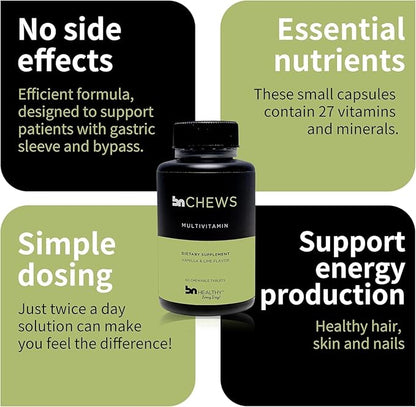 BN Chews Vanilla & Lime - Bariatric Multivitamin Chewable with 27 Essential Nutrients Vitamins A, B6, B12, C, D3, 18 mg Iron & Calcium, Supports Men & Women Health(2 Pack)