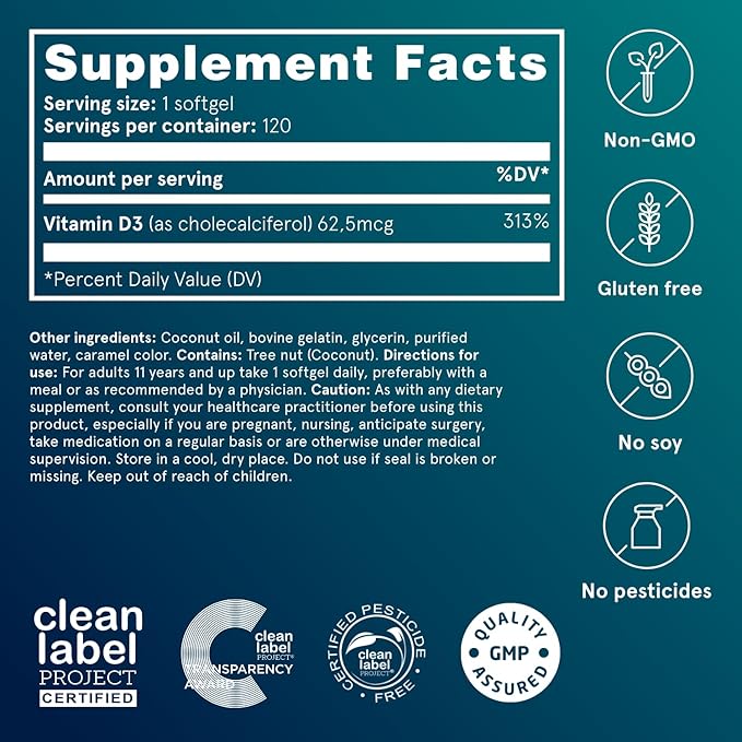 Puori Vitamin D3 with Organic Coconut Oil - 120 x 2500 IU - for Healthy Muscle Function, Bone Health, Immune Support and Calcium Uptake- Non-GMO and Gluten Free - For Children and Adults