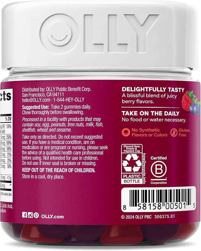 OLLY Women's Multivitamin Gummy, Vitamins A, D, C, E, Biotin, Folic Acid, Adult Chewable Vitamin, Berry Flavor, 45 Day Supply - 90 Count (Packaging May Vary)